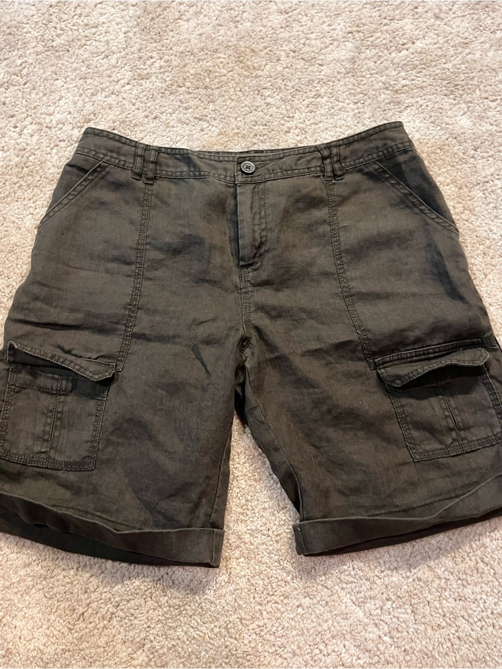 Coldwater Creek Natural Fit 100% Linen Cargo Shorts Olive Green Women’s Size 10